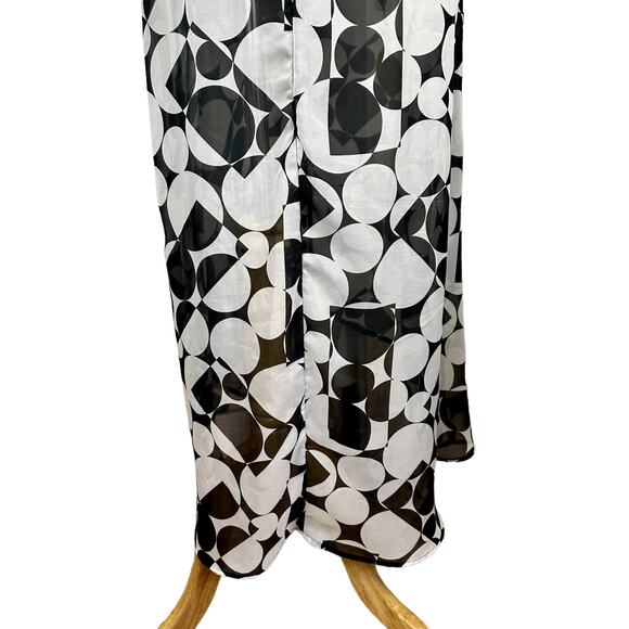 Shirt Dress Womens SZ 10 Black White Abstract Belted High Low Tradwife Sheer - Picture 7 of 14